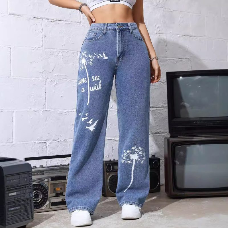 Stylish High-Waist Printed Jeans - Baggy Straight Trousers