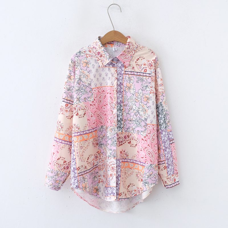 Women's Loose Fit Collared Shirt - Printed, Long Sleeves