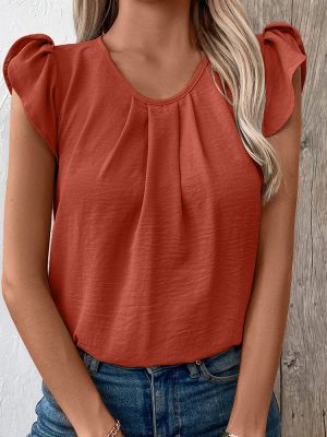 Women’s Casual Round Neck Solid Color Ruffle Sleeve Short Sleeve Pullover T-Shirt