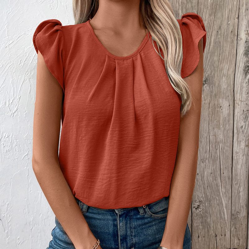 Women's Casual Round Neck Solid Color Ruffle Sleeve Short Sleeve Pullover T-Shirt