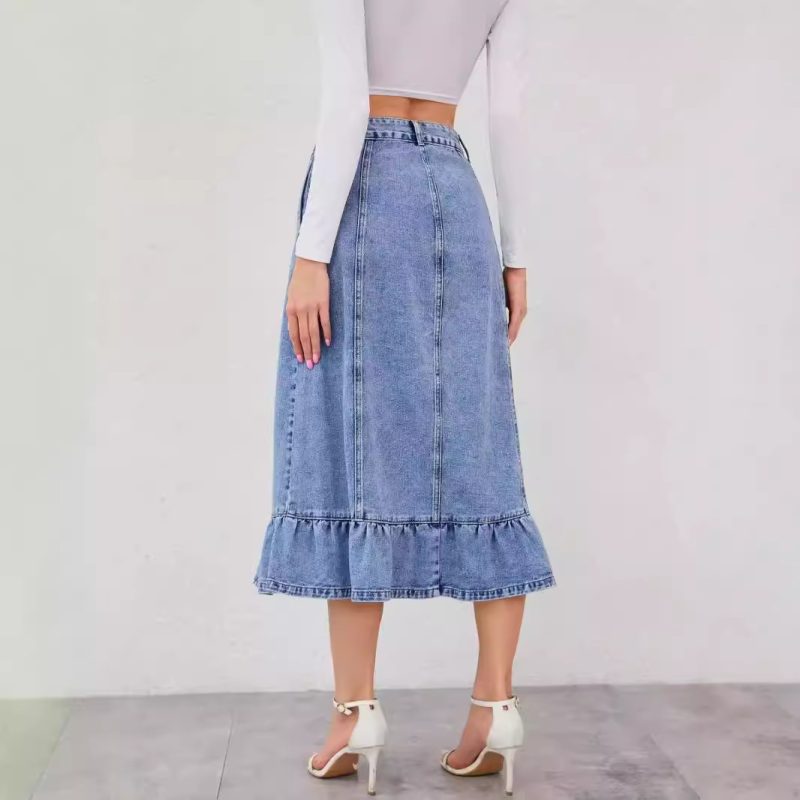 High-Waist A-Line Denim Skirt with Fishtail & Ruffles - Image 3