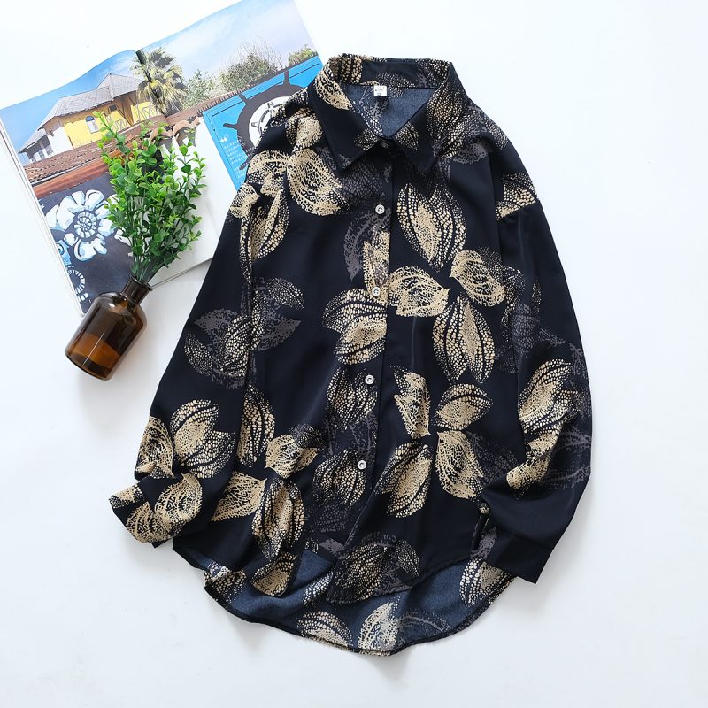 Printed Loose Collared Long Sleeve Shirt - Women’s Casual Top - Image 3