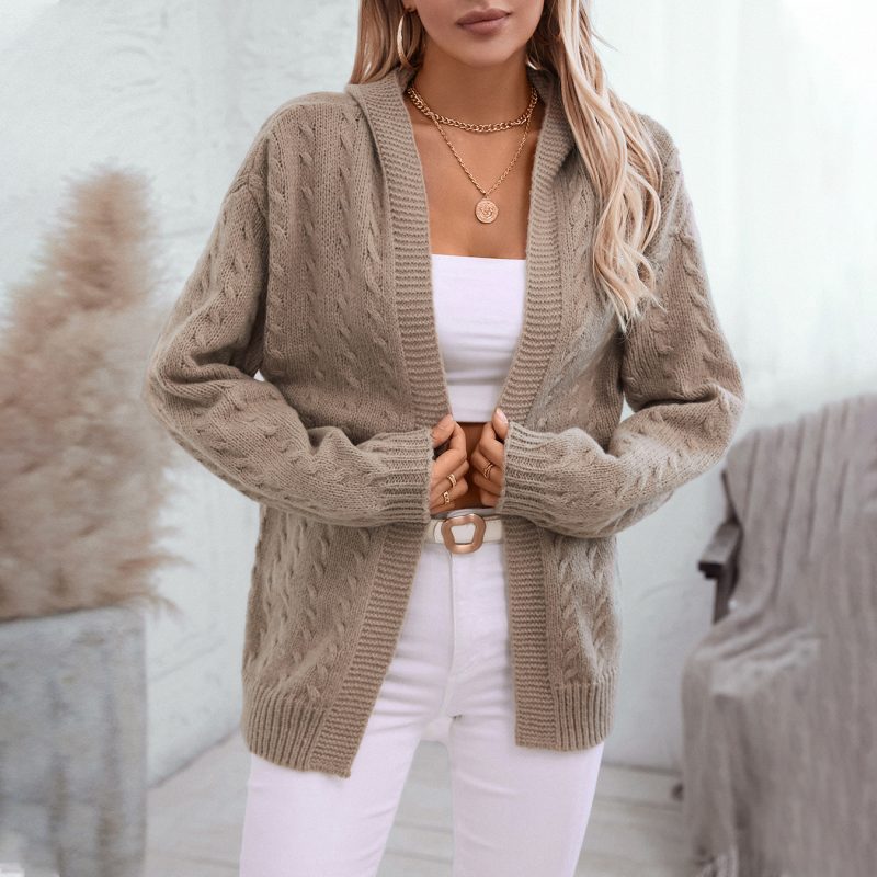 Solid Color Hooded Knit Cardigan - Retro Long Sleeve - Image 3