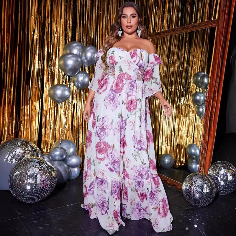 Plus Size Off Shoulder Chiffon Printed Dress with Waist Cutout and 3/4 Sleeves - Image 5