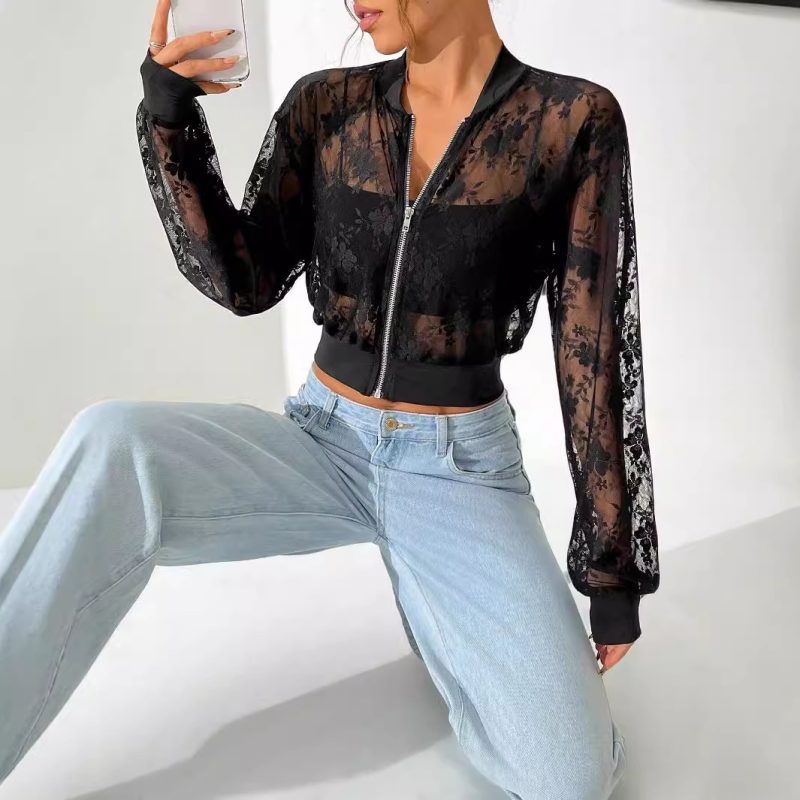 Autumn Winter Women Jacquard Lace See-Through Zip Short Jacket - Image 3