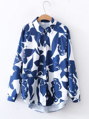 Women’s Floral Print Collared Shirt – Long Sleeves, Loose Fit