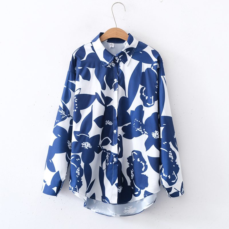 Women's Floral Print Collared Shirt - Long Sleeves, Loose Fit