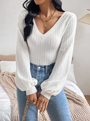 V Neck Puff Sleeve Slim Knitted Long-Sleeved Office Top