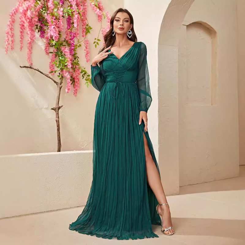 Long Sleeve Chiffon V-Neck Slit Maxi Dress with Waist-Controlled Lace-Up Pleats - Image 3