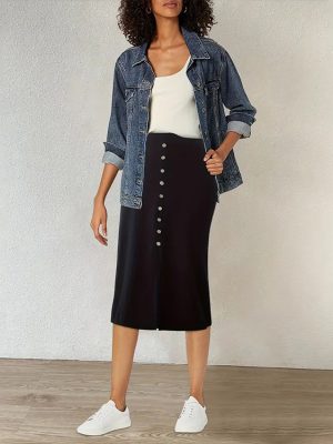 Women’s Sunken Stripe Front Button Elastic Office Skirt