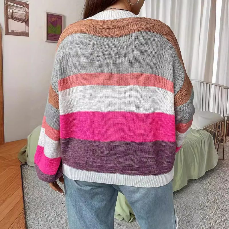 Striped Cardigan Coat - Buckle-Free Knit for Autumn/Winter - Image 3