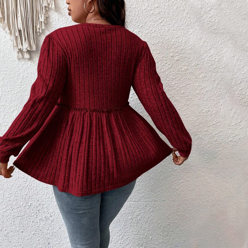 Plus Size Elegant Slimming Wine Red Top - Fall/Winter - Image 2