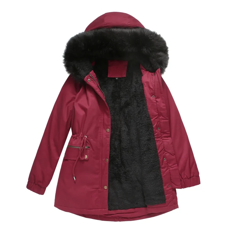 Coats Women's Winter Jacket Thick Fleece Warm Big Fur Collar Hooded - Image 9