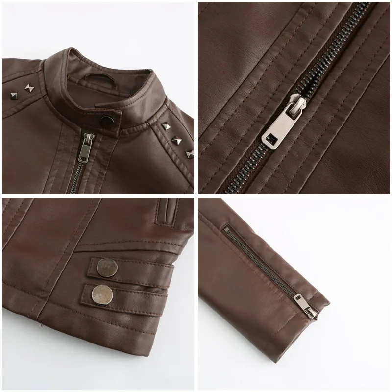 Faux Leather Jackets Zipper Rivet Short Basic Coat Fashion - Image 8