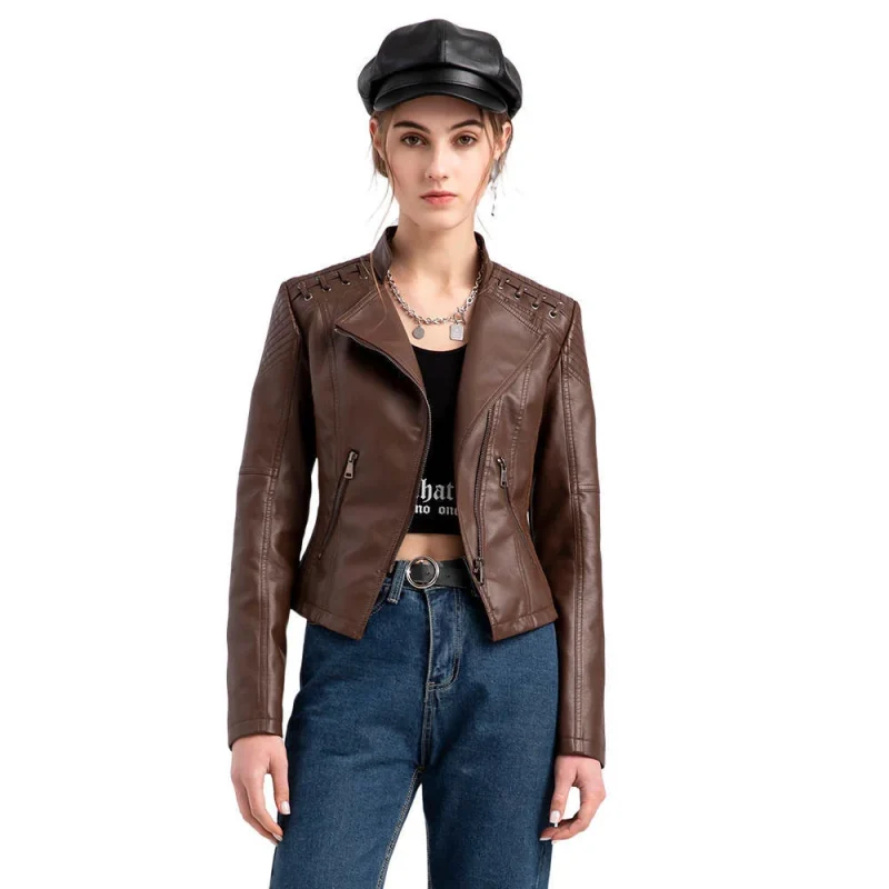 Fashion Moto Biker Short Coats Female Luxury Casual Zipper Outerwears - Image 6