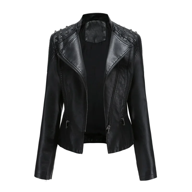 Winter Female Pu Faux Leather Jacket Zipper Rivet Fashion Motorcycle Outwear - Image 2