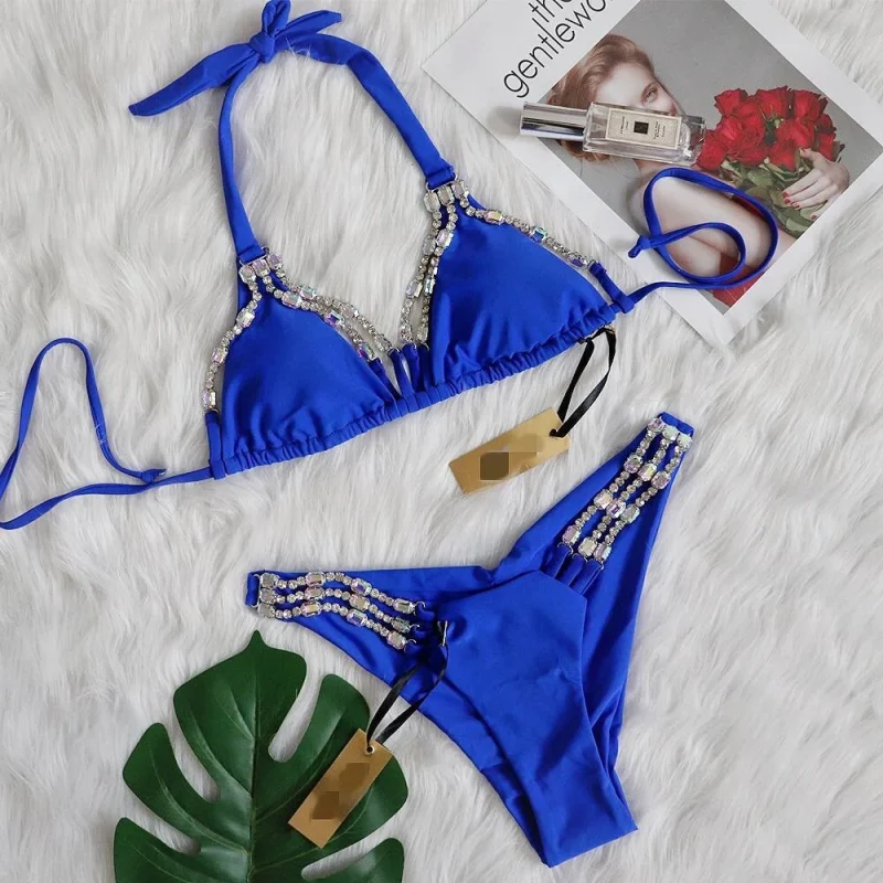 Sexy Metal Rhinestone Swimsuit Solid Color String Bikini Women - Image 6