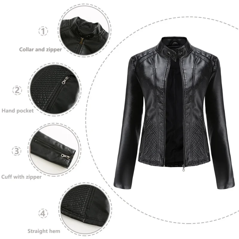 Women 2024 Fashion Motorcycle Biker Jacket Coats Female Casual Outwear - Image 6