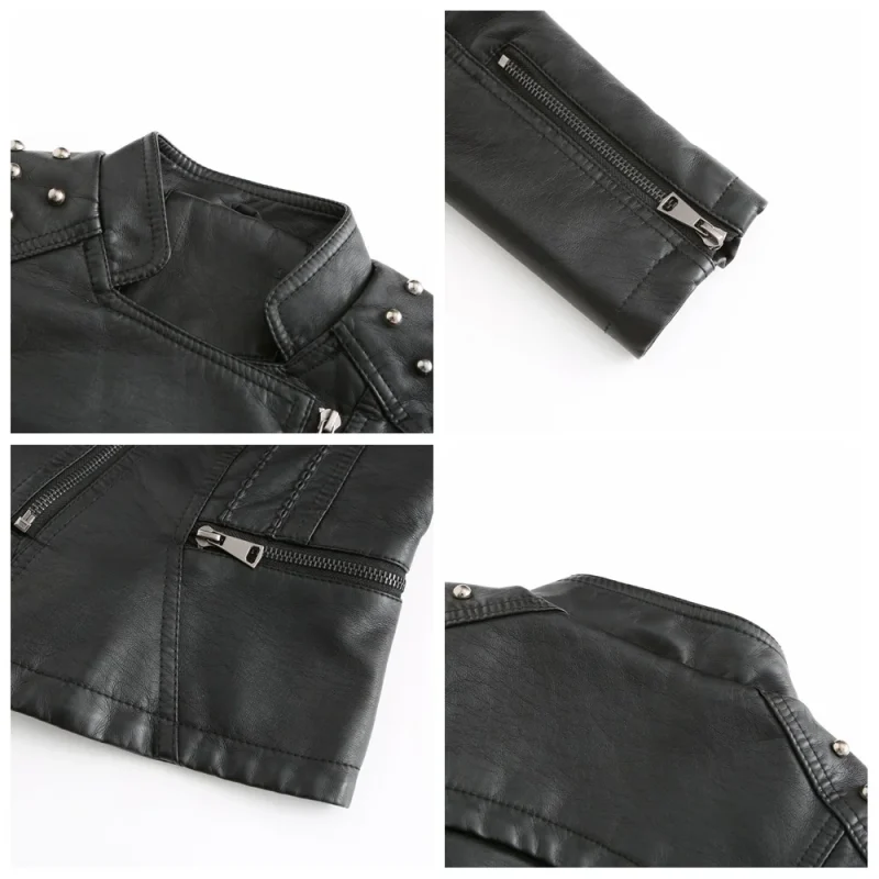 Winter Female Pu Faux Leather Jacket Zipper Rivet Fashion Motorcycle Outwear - Image 6