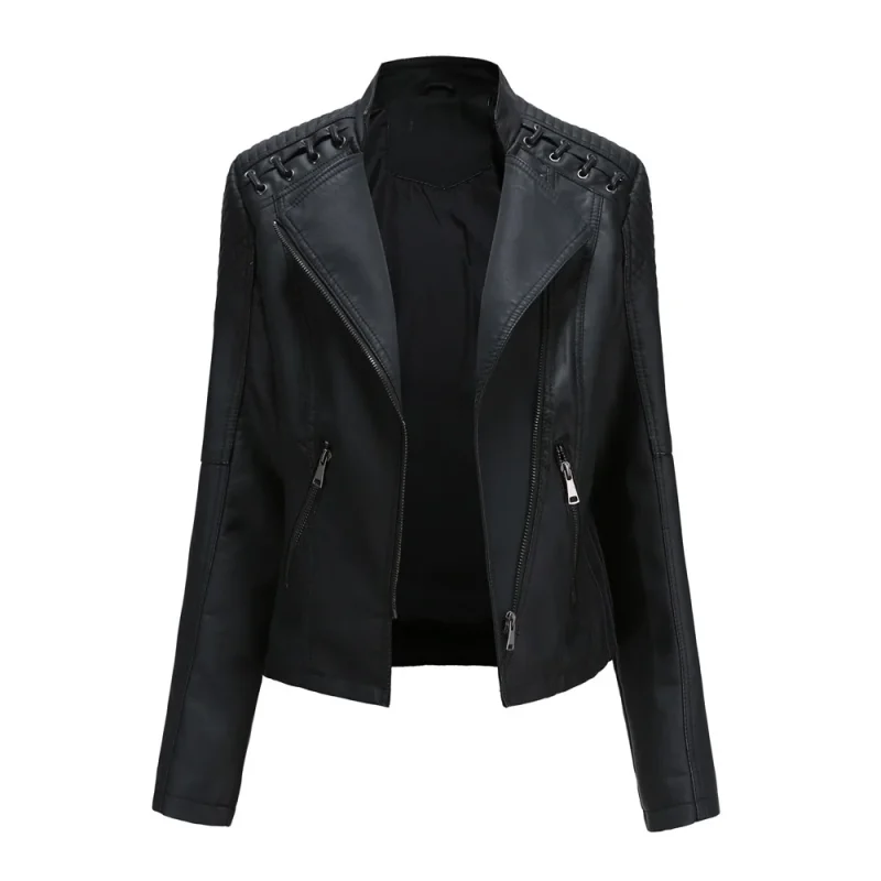 Fashion Moto Biker Short Coats Female Luxury Casual Zipper Outerwears - Image 3