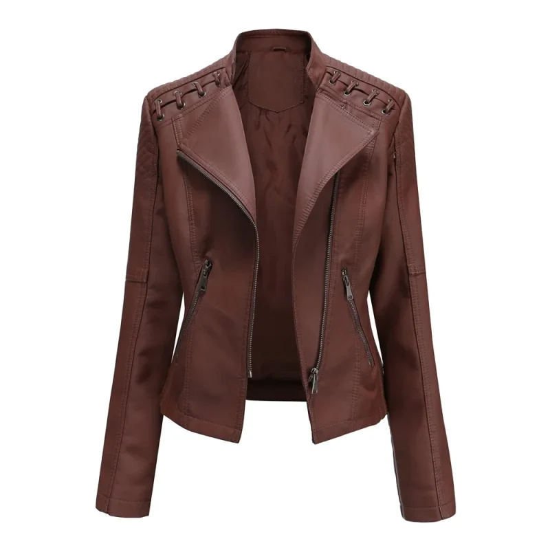 Fashion Moto Biker Short Coats Female Luxury Casual Zipper Outerwears - Image 4
