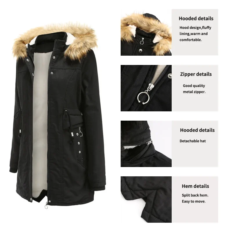 Women's Cotton Coat Winter Clothes Fleece Warm Detachable Hooded Fur Collar - Image 8