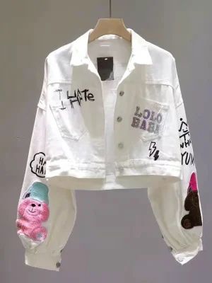 Cartoon Flocking Letter Print White Denim Jacket Women 2024