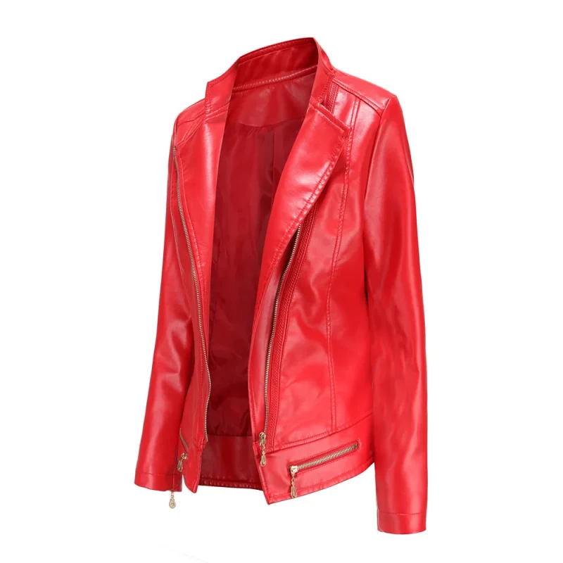 Faux Leather Jackets Zipper Casual Black Red Coats Female - Image 4