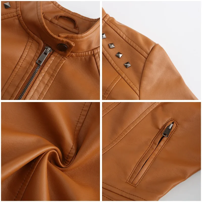 Faux Leather Jackets Zipper Rivet Short Basic Coat Fashion - Image 9