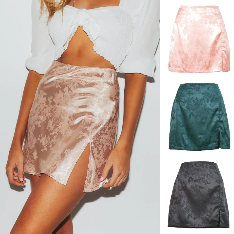 Floral Satin Side Split Sexy Skirt Women 2024 Summer High Waist - Image 8
