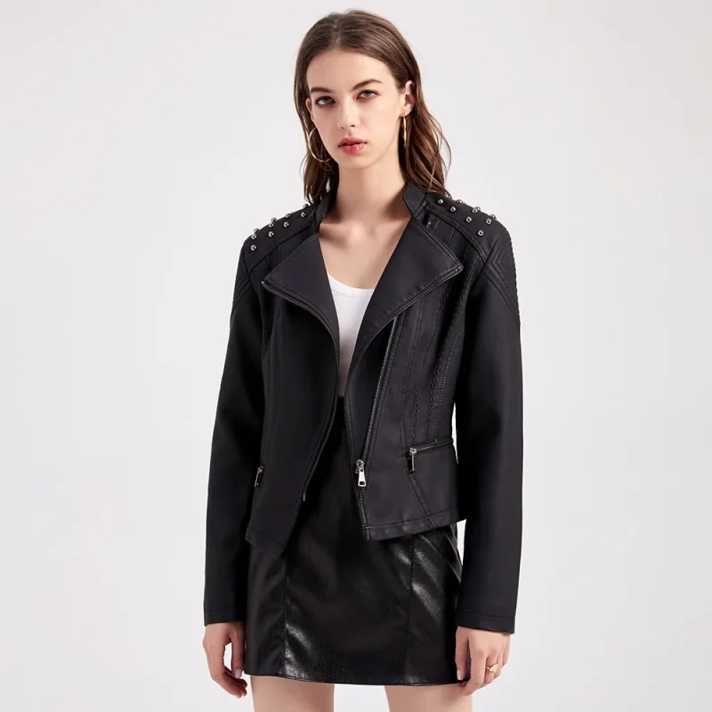 Winter Female Pu Faux Leather Jacket Zipper Rivet Fashion Motorcycle Outwear