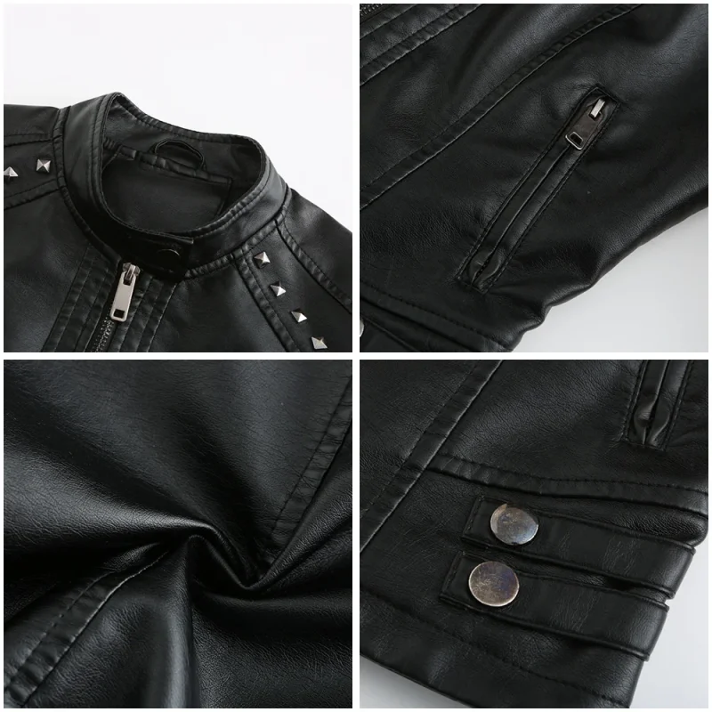 Faux Leather Jackets Zipper Rivet Short Basic Coat Fashion - Image 7