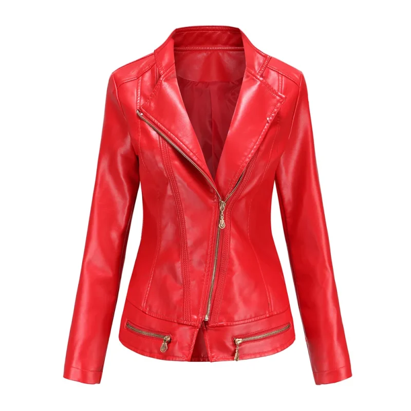 Faux Leather Jackets Zipper Casual Black Red Coats Female - Image 3
