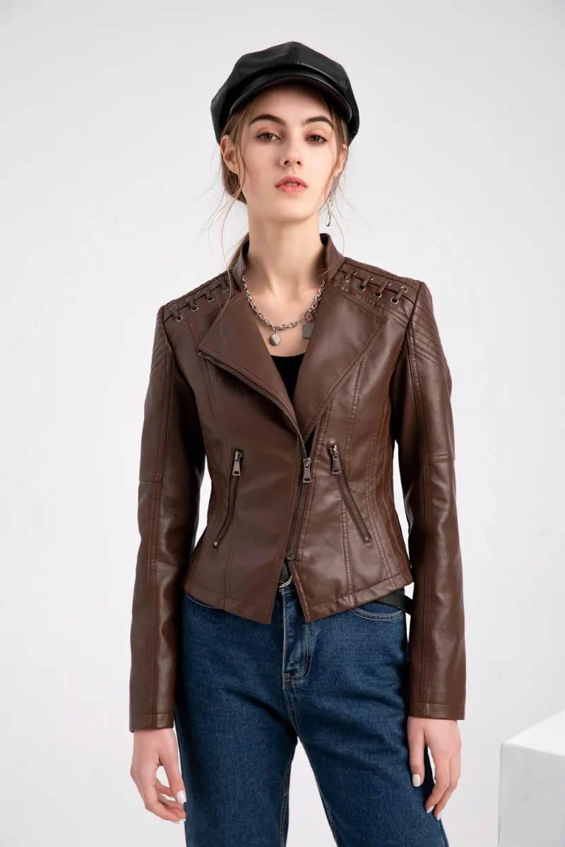 Fashion Moto Biker Short Coats Female Luxury Casual Zipper Outerwears - Image 9