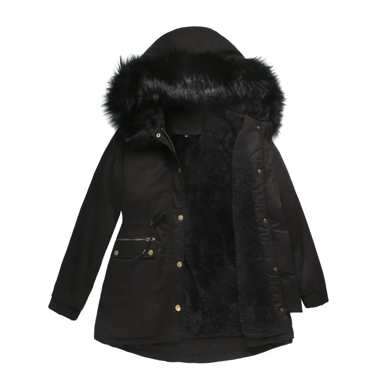 Coats Women's Winter Jacket Thick Fleece Warm Big Fur Collar Hooded - Image 5