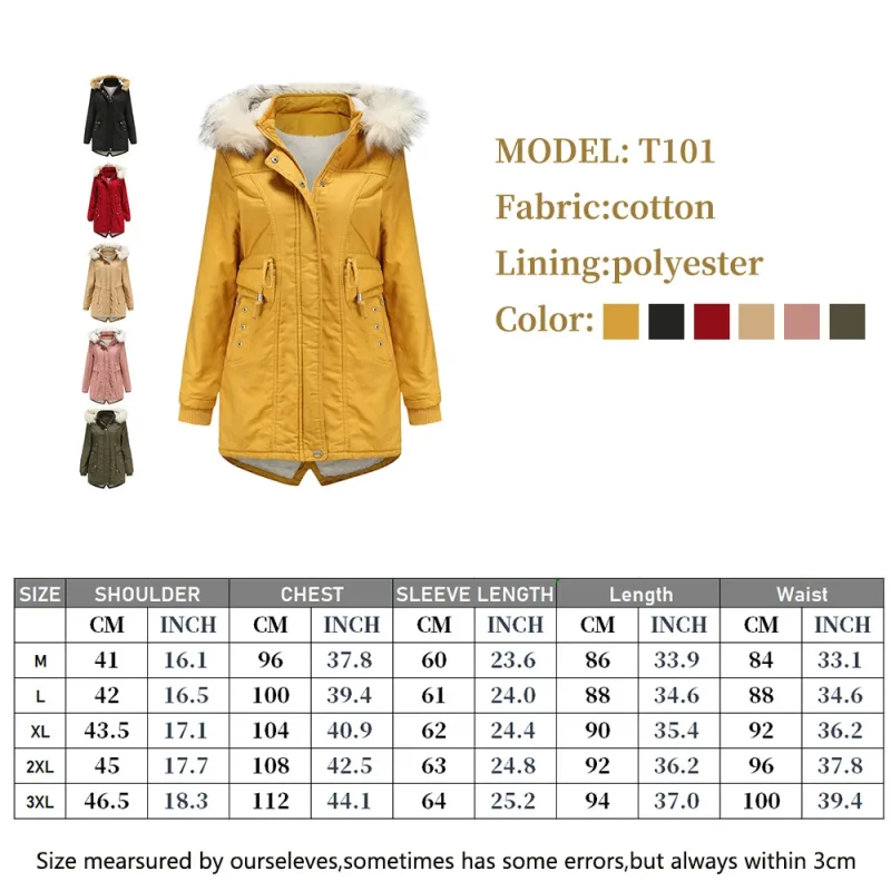 Women's Cotton Coat Winter Clothes Fleece Warm Detachable Hooded Fur Collar - Image 7