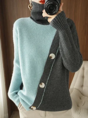 Pure Wool Pullover Fashion High Neck Stitching Big Buckle Knitted Sweater