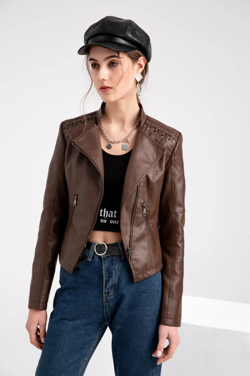 Fashion Moto Biker Short Coats Female Luxury Casual Zipper Outerwears - Image 10