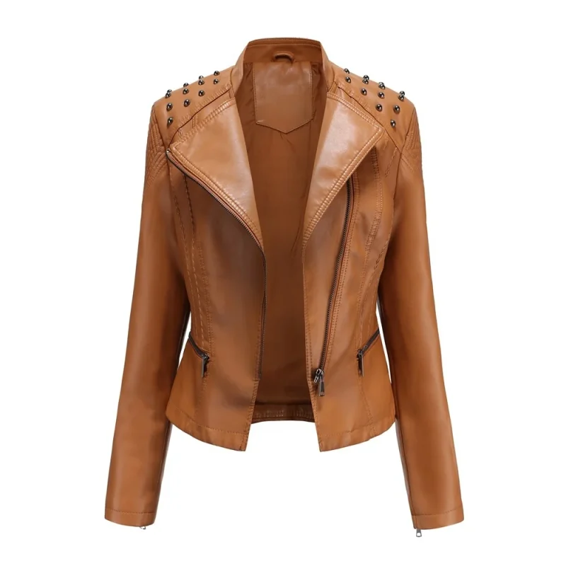 Winter Female Pu Faux Leather Jacket Zipper Rivet Fashion Motorcycle Outwear - Image 5