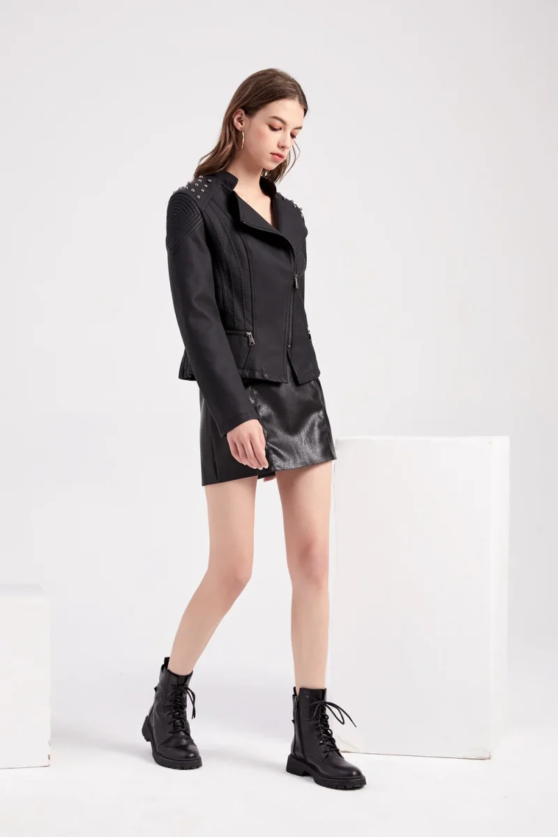 Winter Female Pu Faux Leather Jacket Zipper Rivet Fashion Motorcycle Outwear - Image 8