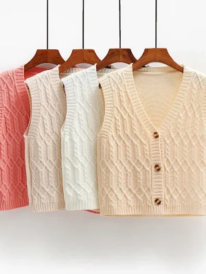 V-Neck Single Breasted Knit Vests Women’s Short Sleeveless Sweaters