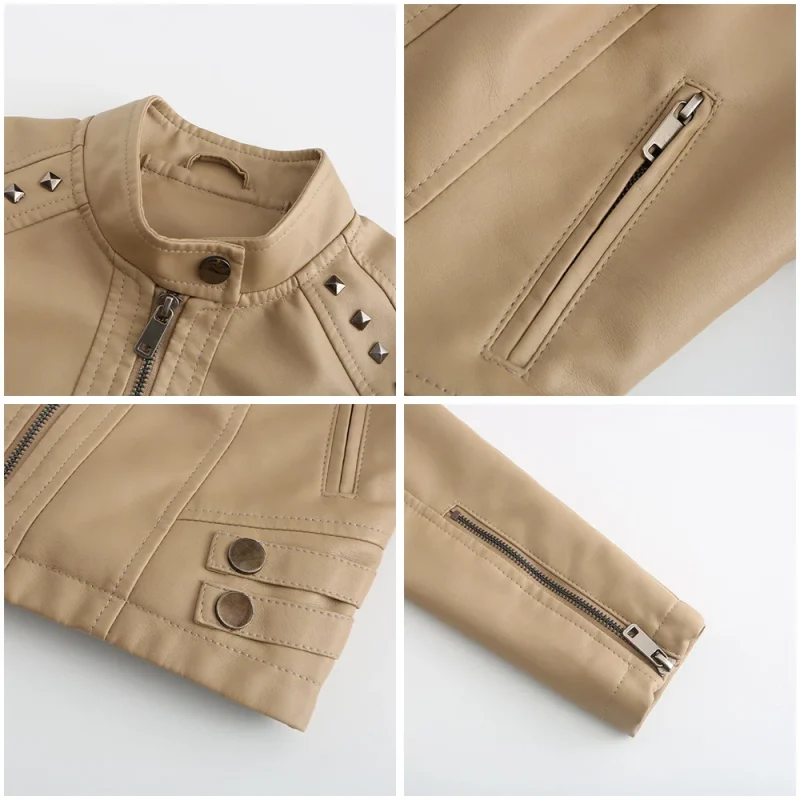 Faux Leather Jackets Zipper Rivet Short Basic Coat Fashion - Image 12