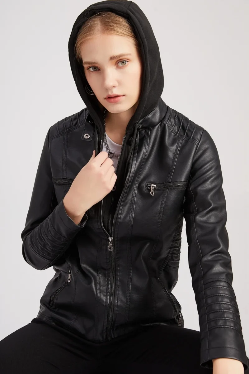 Winter Faux Leather Jackets For Women Fashion Hooded - Image 7