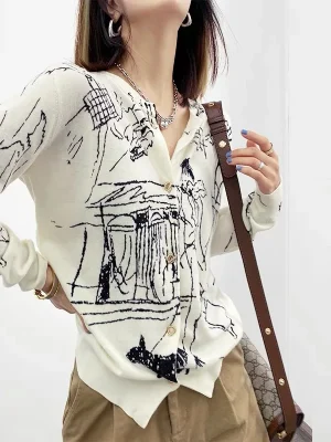 Graffiti Digital Jacquard Fine Imitation Fashion Wool Knitted Cardigan