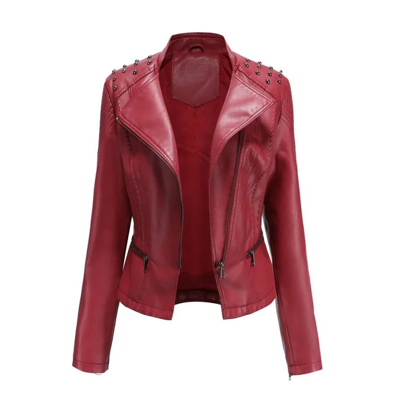 Winter Female Pu Faux Leather Jacket Zipper Rivet Fashion Motorcycle Outwear - Image 3