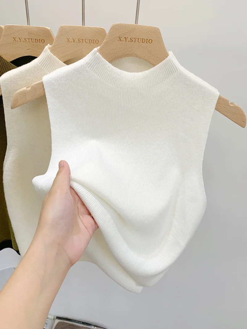Women Knitted Tank Top Summer Fall Slim Sweater Short Sleeveless - Image 3