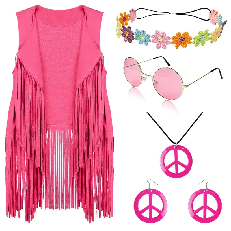 5 Piece Set Hippie Clothes Party Attire Suede Sleeveless Tassel Cardigan Vest - Image 9