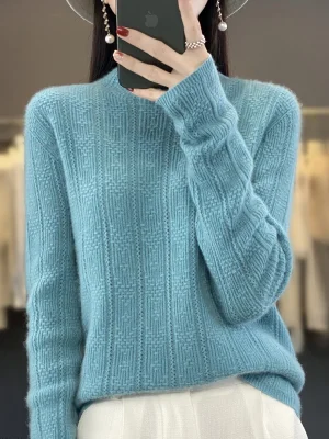 Wool Sweater Women Seamless Half-high Collar Hollow