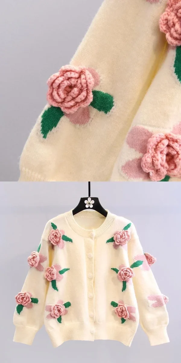 Korean Fashion Three Simensional Flower Knitted Cardigan - Image 7