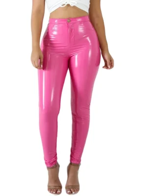 Latex Pu Leather Pants Women Pink Black Tight Trousers Streetwear